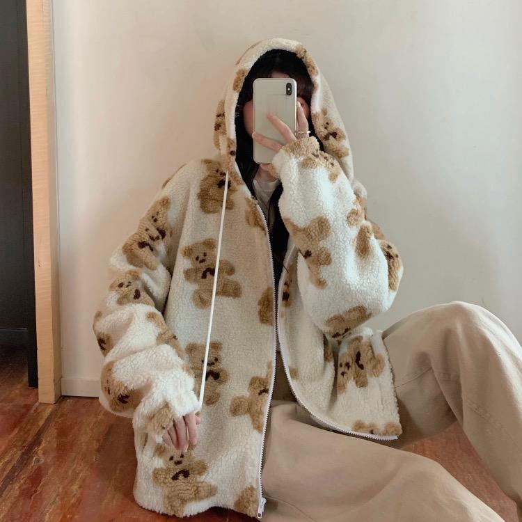 Y2k Amerikaanse Winter Retro Dames Hoodie Mode Losse Capuchon Cardigan Lange Mouwen Beer Print Pluche Warm Koppel Sweatshirt