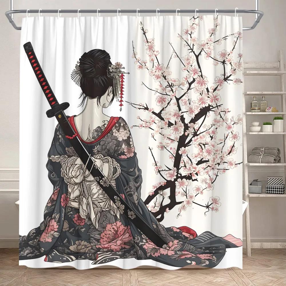 Azjatka Zasłona Prysznicowa Japońskie Kimono Kwiat Wiśni Krajobraz Malarstwo Tuszem Sztuka Poliester Tkanina Dekoracja Łazienki Zestaw Zasłon