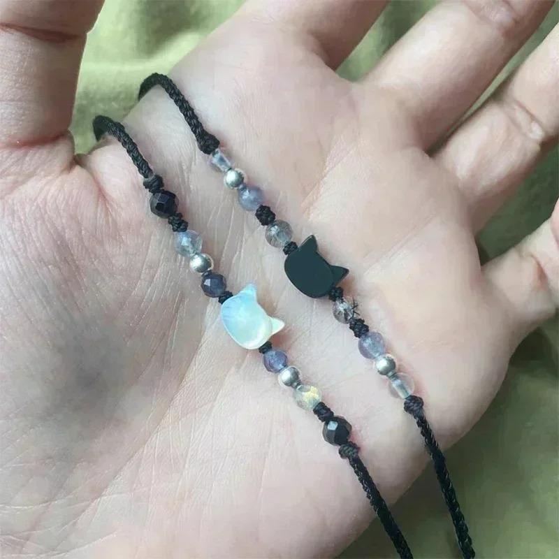 New Wine Red Cat Beaded Couple Bracelets Handmade Adjustable Braided Cord Minimalist Moonstone Obsidian Jewelry for Men Women