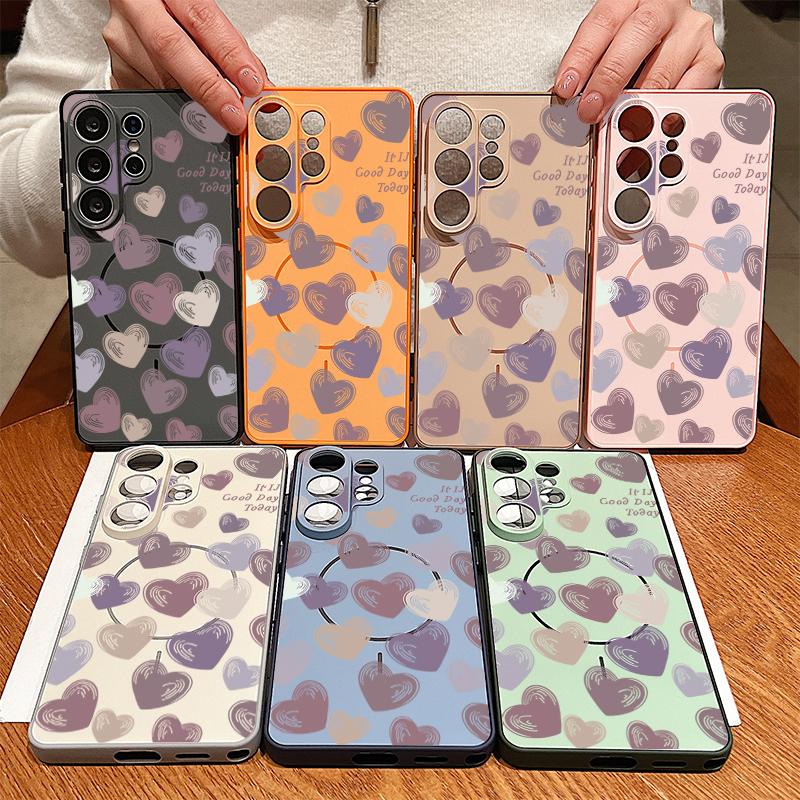 Magnetic For Magsafe Case For Samsung Galaxy S26 Ultra S25 Edge S24 Plus S23 FE S22 A54 A55 A56 5G Candy Color Love Hearts Pattern Matte Cover