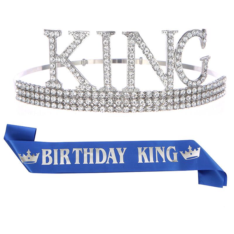 Men's Birthday King Crown and Sash Set - Party Hat Headdress for Cake Celebration