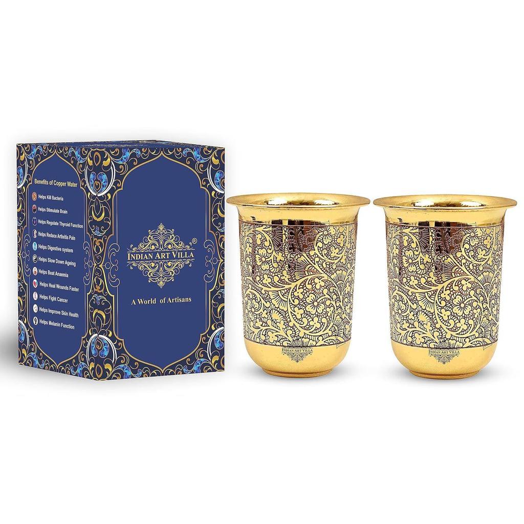 Reiner Messingbecher mit floralem Rankendesign, zum Trinken Servieren von Wasser, Yoga & Ayurveda,