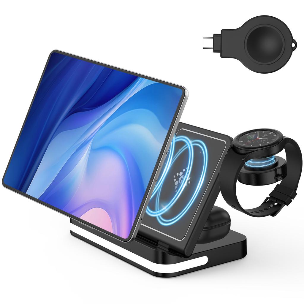 3 in 1 Foldable Wireless Charger Station Fast Charging Dock for iPhone Samsung Huawei Phone Watch Earbuds Qi-Certified 15W Desktop Stand