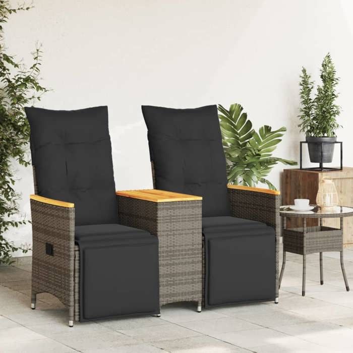 VidaXL Canapé de jardin inclinable 2 places avec table gris poly rotin, canapé de jardin, siège de jardin, meuble 365723