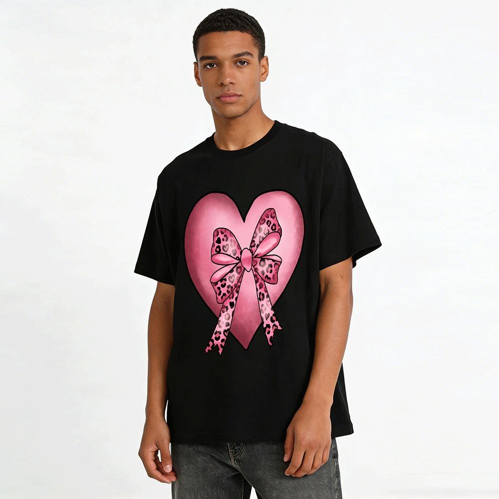 Sweet Cool Pink Leopard Bow Heart Print Casual Top Pure cotton T-shirt
