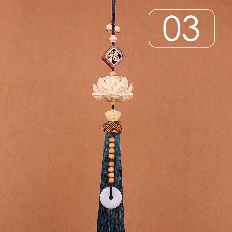 Chinese Style Lucky Fu Wooden Carved Lotus Buddha Statue Pendant Creative Gift Home Car Hanging Accessories Decor Auto Interior