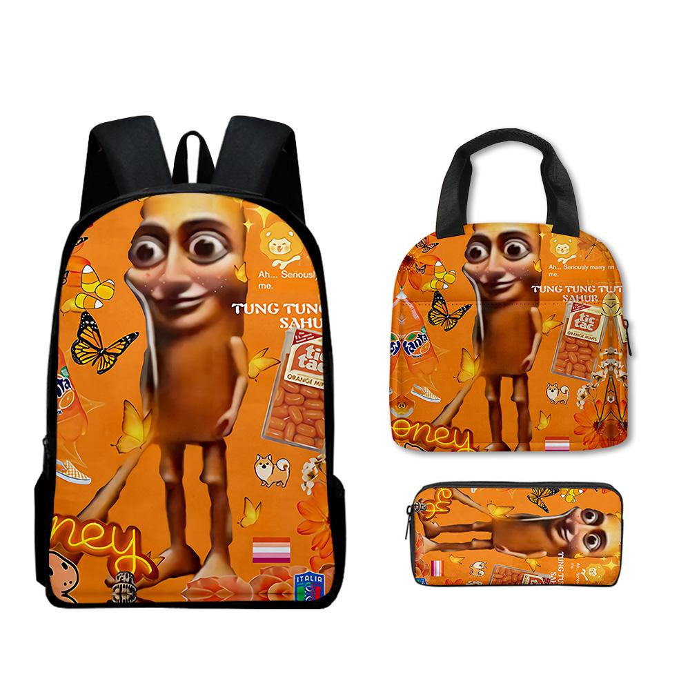 Hip Hop Populair Nieuwigheid Grappig tungtungtung 3D Geprint 3 stuks/Set leerling Schooltassen Laptop Dagrugzak Rugzak Lunchtas Etui