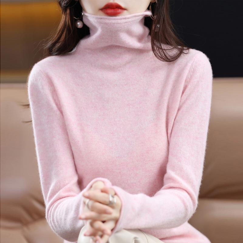 Women's 100% Wool Rolled Edge Turtleneck Sweater - Loose Fit Pullover Knit Base Layer