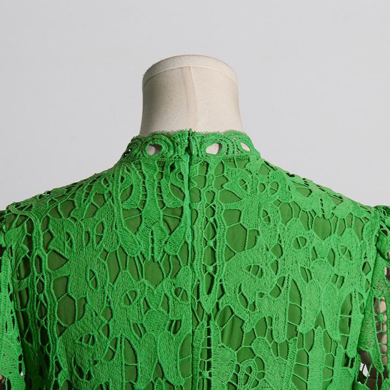 Retro Style Waist Embroidery Swing Dress Spring and Autumn Fashion Bubble Sleeve Dress Women's Medium Long Dress