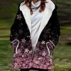 Damen Warme Plüsch Kapuzenjacke mit Knöpfen Übergröße Blumiger Pflanzen-Print mit Taschen