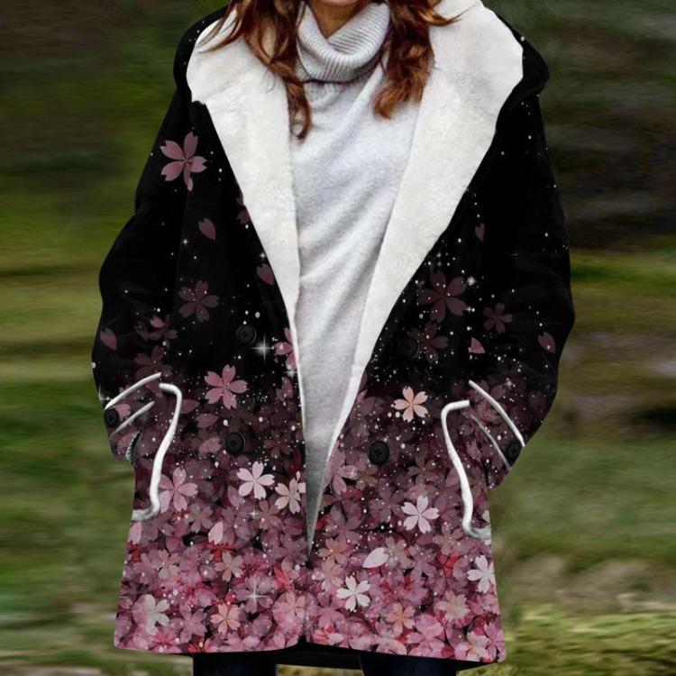 Dámská teplá plyšová bunda s kapucí na knoflíky, velká velikost, potisk květin a rostlin, s kapsami