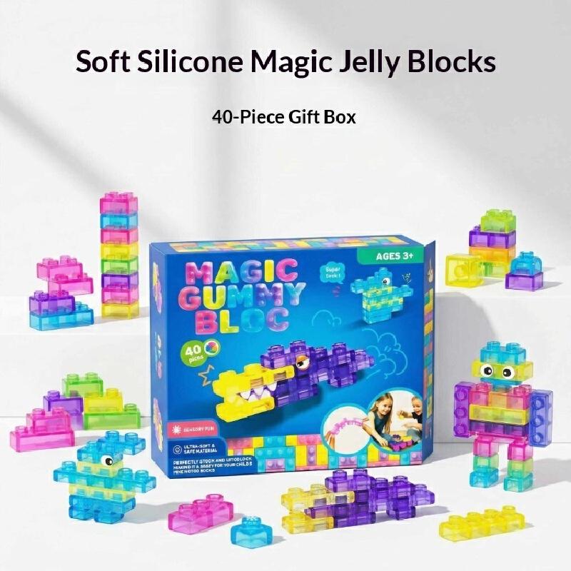 40pcs Crystal Soft Gummy Jelly Building Blocks Set for Kids Stretchy Squishy Toy Transparent Creative Tabletop Games Collectible