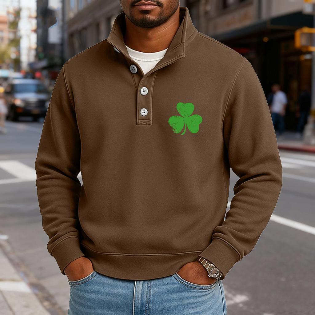 Men's Casual Stand-Up Collar Long-Sleeve Top Print Button-Down Sweatshirt