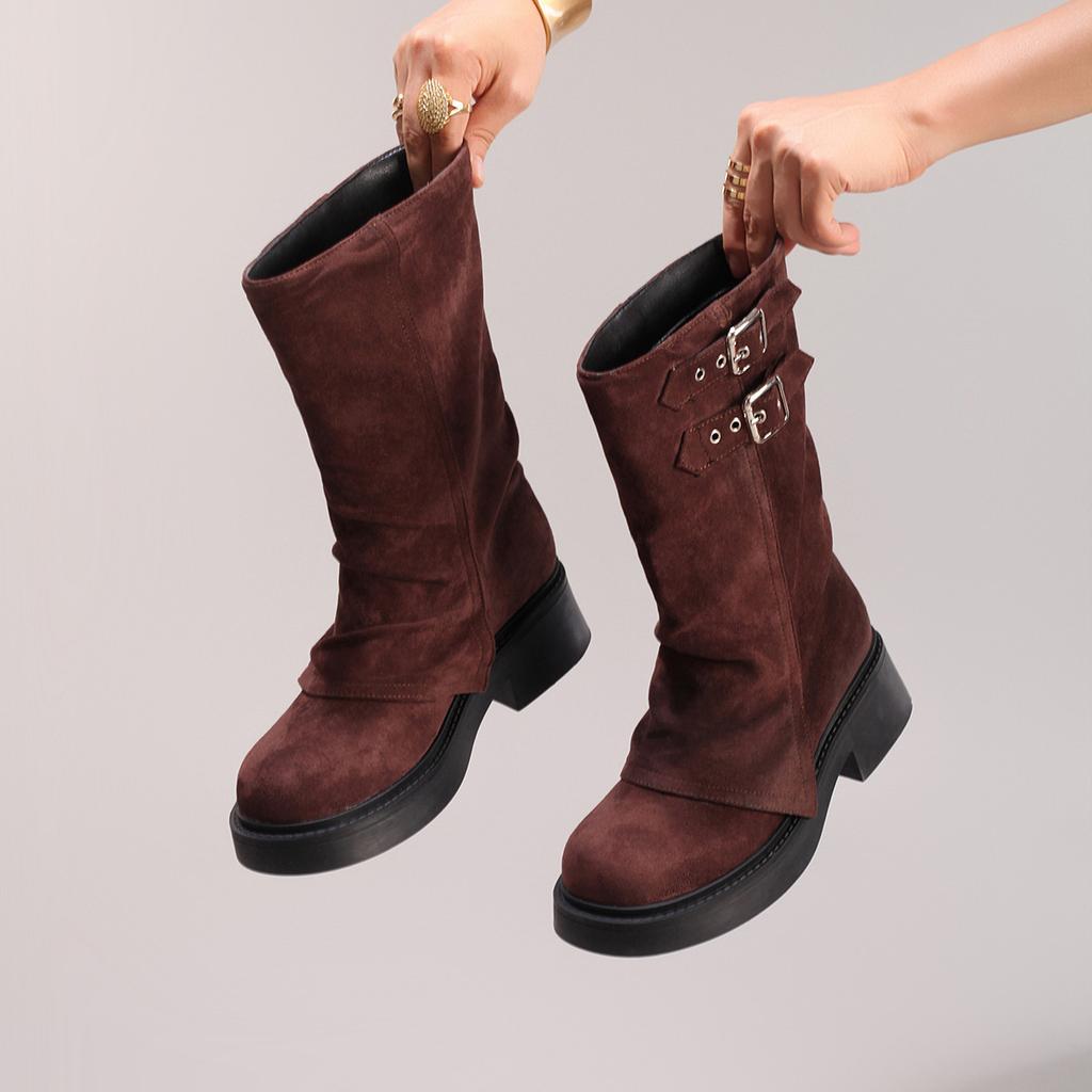 Pants mid-tube boots fashionable one-pedal elastic women's boots 2025 new round head thick-soled suede thin casual boots