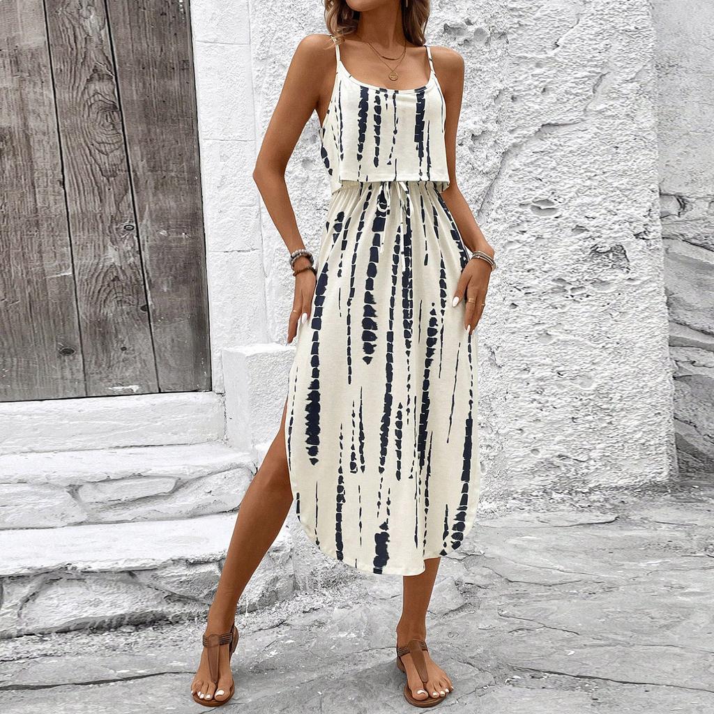 Women's Fashionable Retro Printed Camisole Waist Cinching Casual Dress