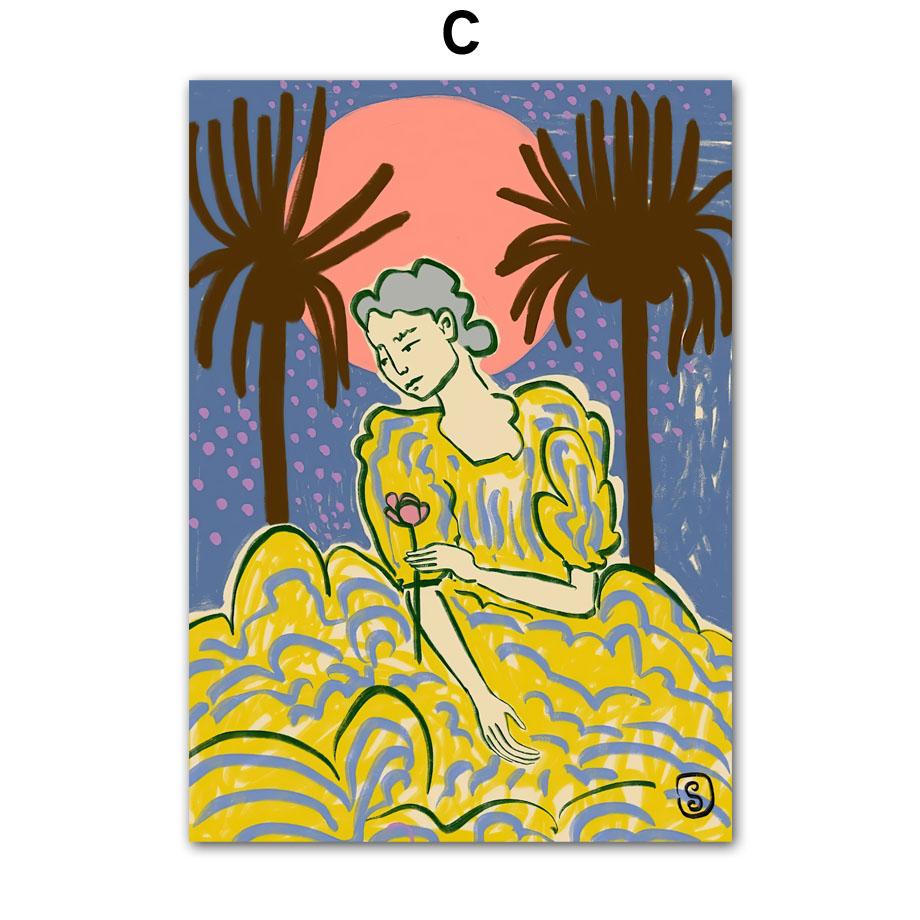 Kolorowa Dziewczyna Kwiat Tygrysi Liść Ilustracja Sztuka Ścienna Obraz na Płótnie Abstrakcyjne Plakaty i Druki Obrazy Dekoracja Pokoju Hotelowego Baru