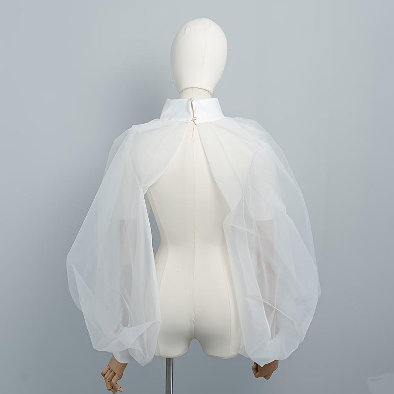 Stand Collar Sheer Organza Puff Bolero Cape Detachable Lantern Sleeve Shrug For Wedding Gown Cosplay Photoshoot