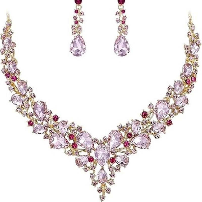 Newlywed Rhinestone Crystal Necklace And Earrings Set - Luxurious Jewelry Set For Ladies' Dance And Banquet Events