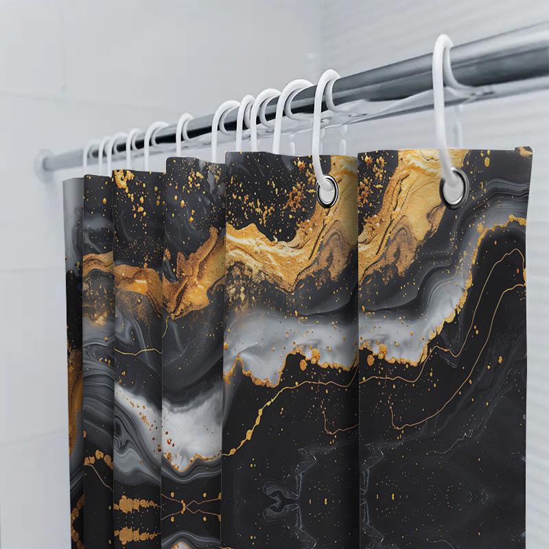 Luxury Marble Print Shower Curtain Set Black Gold Geometric Pattern Bathroom Decor with Rod Pocket for Home Bathing Room (69 x 7