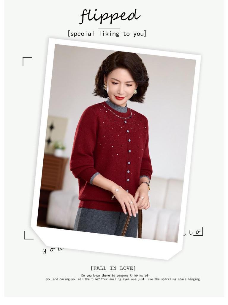 Elegant Winter Half-Collar Knit Sweater for Middle-Aged & Older Women – Velvet-Lined and Warm Two-Piece Look