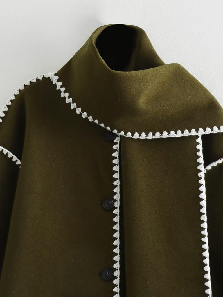 Autumn 2023 Women's Cross-Border Street Fashion Woolen Coat with Scarf Embellishments.