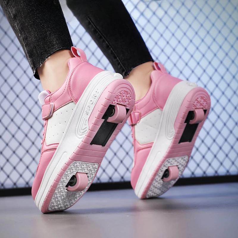 Magic Roller Skates Dual Wheel Slip-on Roller Skating Shoes 2025 New Spring Autumn Leather Surface Sports Shoes For Women Kids
