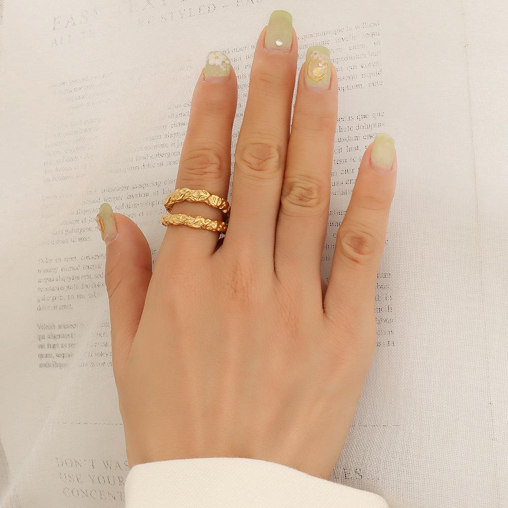 European Hammered Texture 18k Gold Titanium Steel Double Layer Index Finger Ring Size 7