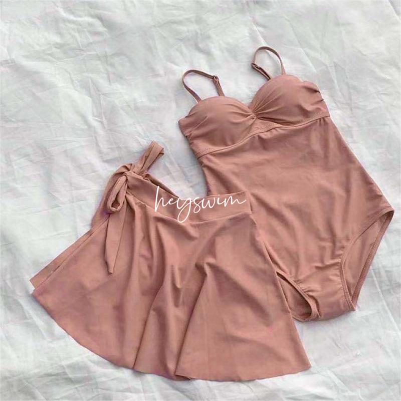 

2023 Корейский женский слитный купальник бикини в стиле юбки Large розовый/телесный