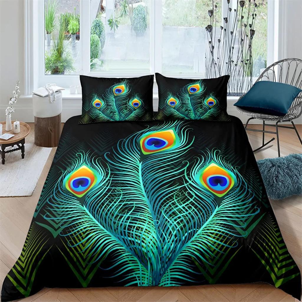 Dark Blue Peacock Feather Duvet Cover Feather Elegant Theme Chic Floral Quilt Cover For Women Teen Boys Girls Bedroom Decoration