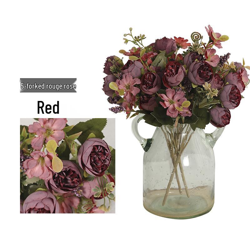 Retro Rouge Rose Beaded Floral Arrangement: Pastoral Home Decor Scene with Simulated Flowers