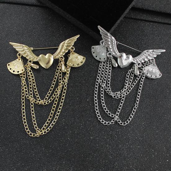 Retro Angel Wing Heart Shirt Suit Collar Tip Lapel Brooch Pin with Chain Tassel