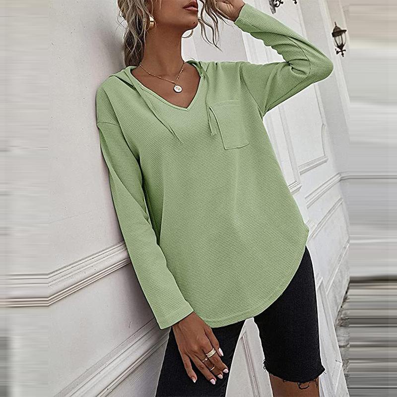 Dámské mikiny s kapucí do V s dlouhým rukávem Pulovr se stahovací šňůrkou Topy s kapsou