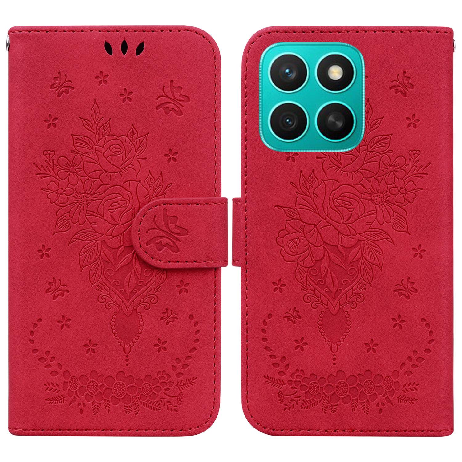 

For Honor X8c 4G Case PU Leather Wallet Phone Cover Butterfly Flower Imprint Red