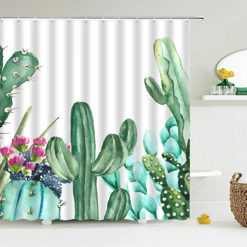 Cactus Shower Curtains Waterproof Polyester Fabric Shower Curtains Tropical Plants Bathroom Screen Curtain Home Decor 180X180Cm