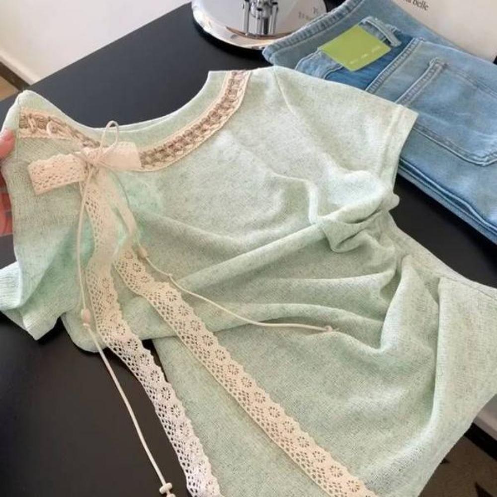 

Мятно-зеленая кружевная футболка с бантом, вязаная, с коротким рукавом, женская, летняя, новая XL зелёный