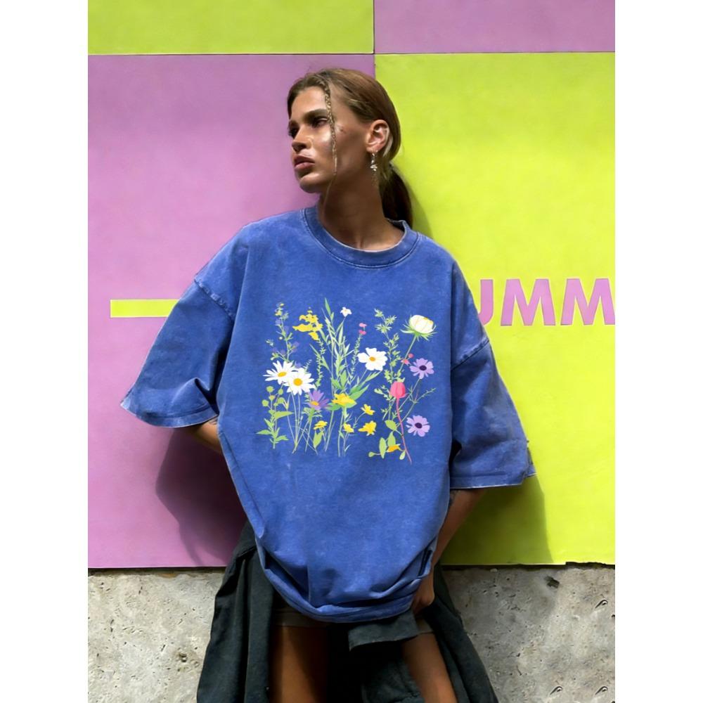 Various Flowers And Green Leaves Design Washed T-Shirt Women Cotton Vintage Short Sleeves Sportswear Summer T Shirt