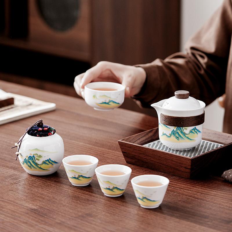 Plain-fired white porcelain Kung Fu tea set, simple whole set, hand-held pot, express guest gift box, teacup gift.