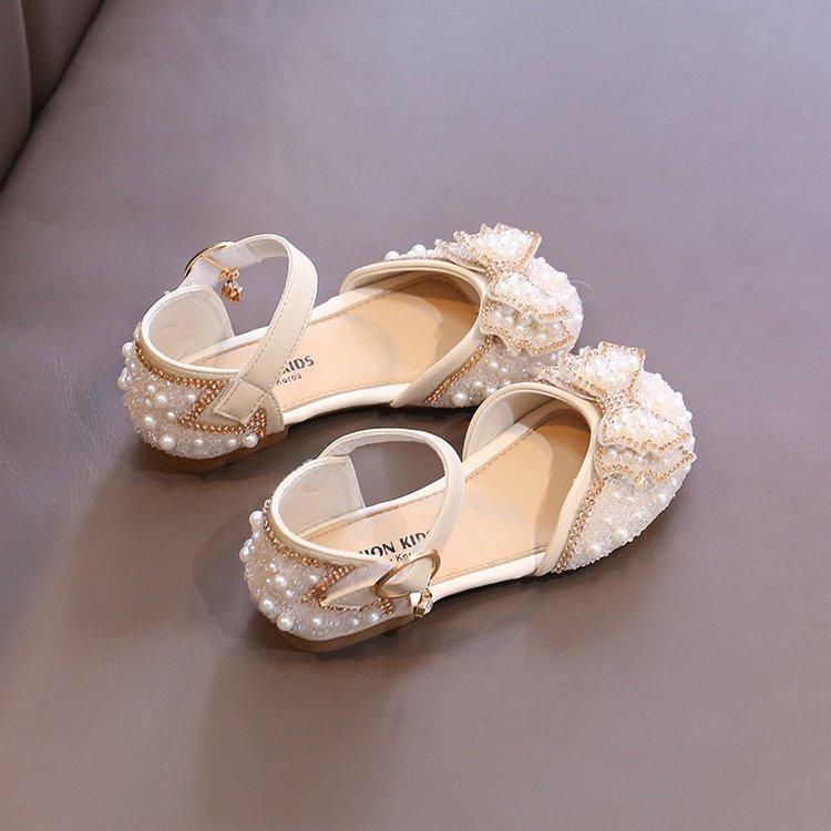

Girls Baotou Sandals Summer 2025 New Little Girl Sweet Pearl Shoes Medium and Older Children Korean Edition Princess Shoes Soft Sole 36 бежевый
