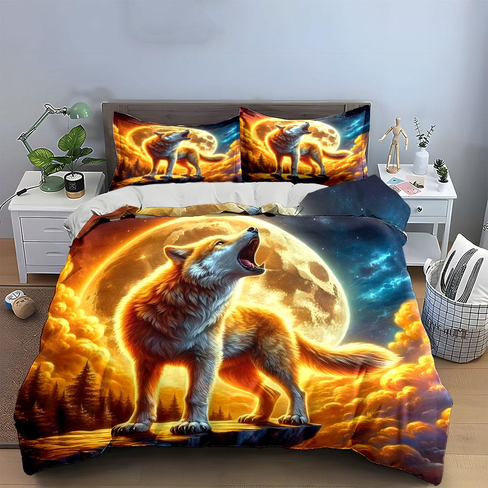 Howling wolf with moon. Bedding sets Duvet cover sets Duvet covers Pillowcases(1*Duvet Cover 2*Pillowcases without duvet insert)