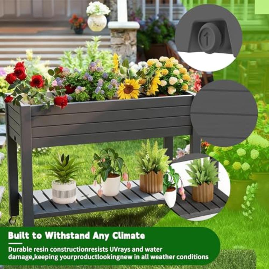 Raised Garden Bed with Legs 33.66 Tall Self-Watering Resin Outdoor Planter Box with Storage Shelf Drain Plug Water Monitor for
