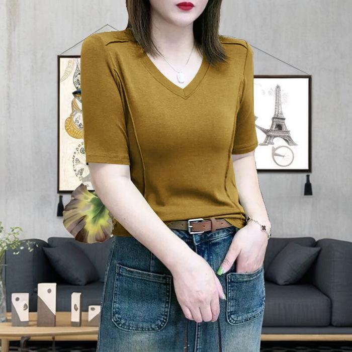Women's European-Style Ribbed V-Neck Short-Sleeve Slim-Fit T-Shirt, Yellow-Green/Apricot