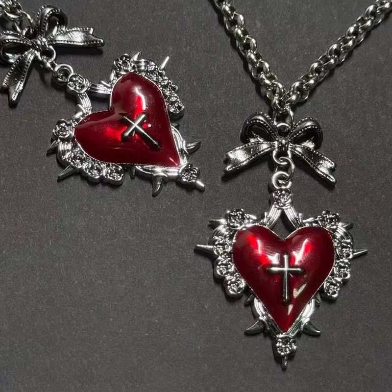 Collier Pendentif Cœur Croix Épineuse Géométrique Pour Femmes Unique Rétro Doux Nœud Papillon Chaîne de Clavicule Style Gothique Punk Bijoux Cadeau