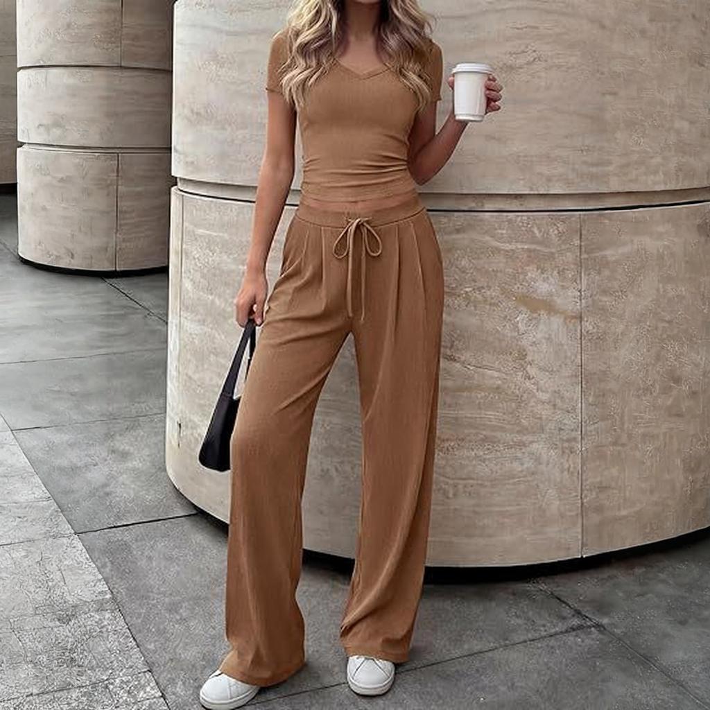 Women's Casual Elegant V-neck Casual Top And Pants Two-Piece Set
