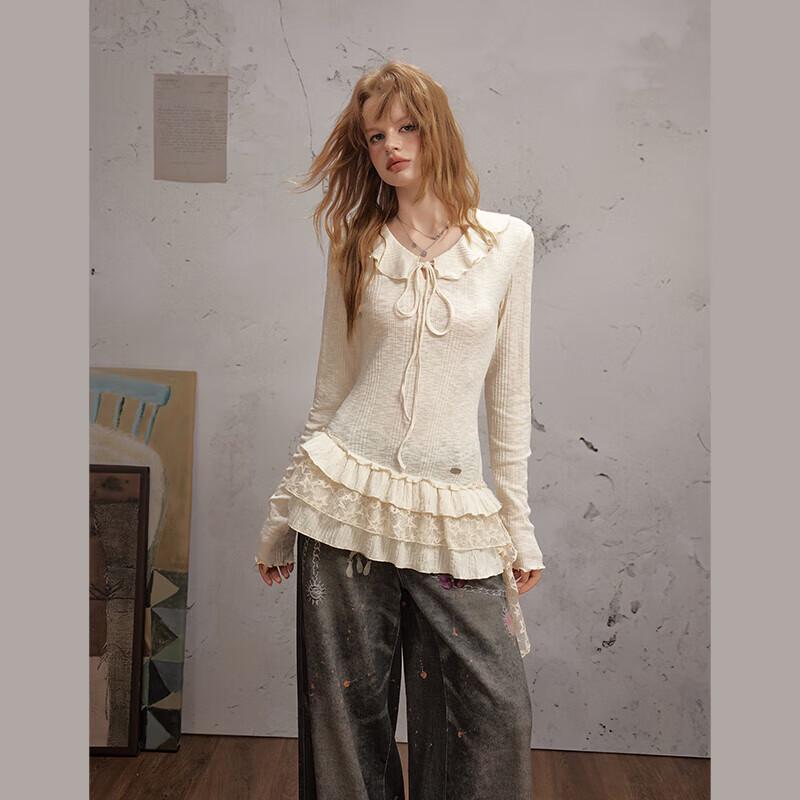 UNIFREE Boho Chic Lace Patchwork V-Neck T-Shirt S
