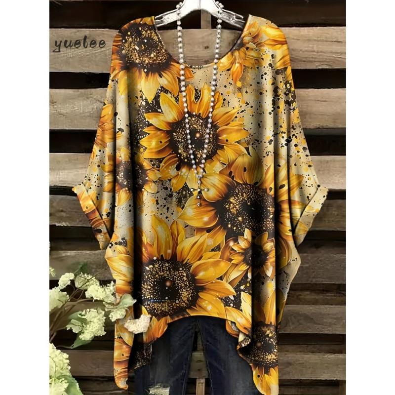 Camiseta para Mujer Estampado Floral Colorido Cuello Redondo Top Dobladillo Irregular Manga Corta Talla Grande Ropa para Mujer Casual al Aire Libre