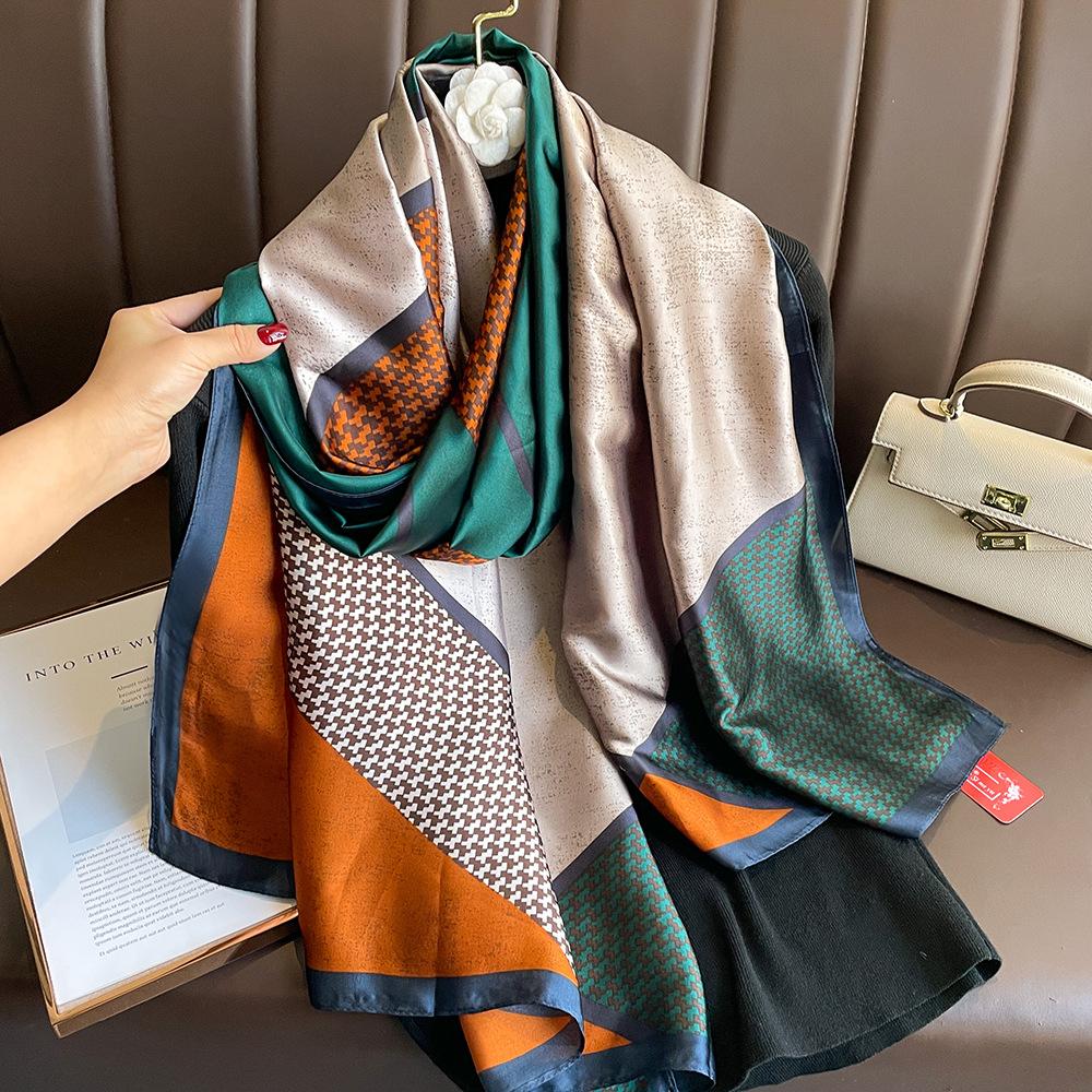 New silk scarf new silk satin printed shawl holiday fashion sunscreen long section simulation silk scarf