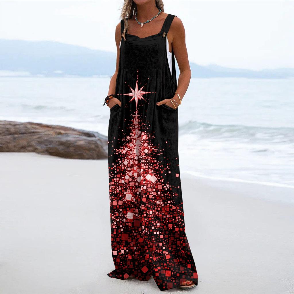 Women's Christmas Print Solid Wide Leg Strapless Tank Pocket Casual Onesie