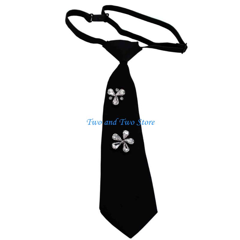 HX6F Women s School Uniform Tie Harajuku Rhinestones Vintage Pre Tied Black Necktie