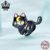 Sterling Silver S925 Moon Cat Beaded Bracelet with Black Gold Plated Zircon Halloween Beads