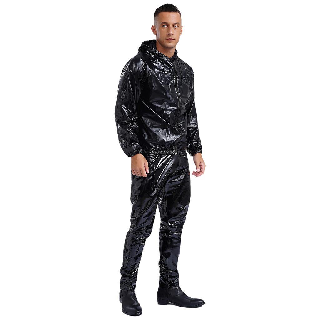 Unisex PVC Sauna oblek Dlouhý rukáv Zip S kapucí Stahovací šňůrka Bunda Vrchní díly Kalhoty Cvičení Trénink